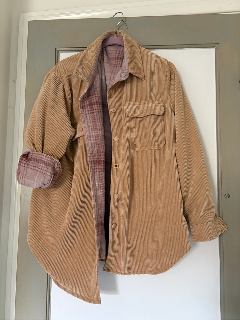 Men's Tan Corduroy Overshirt with Plaid Lining